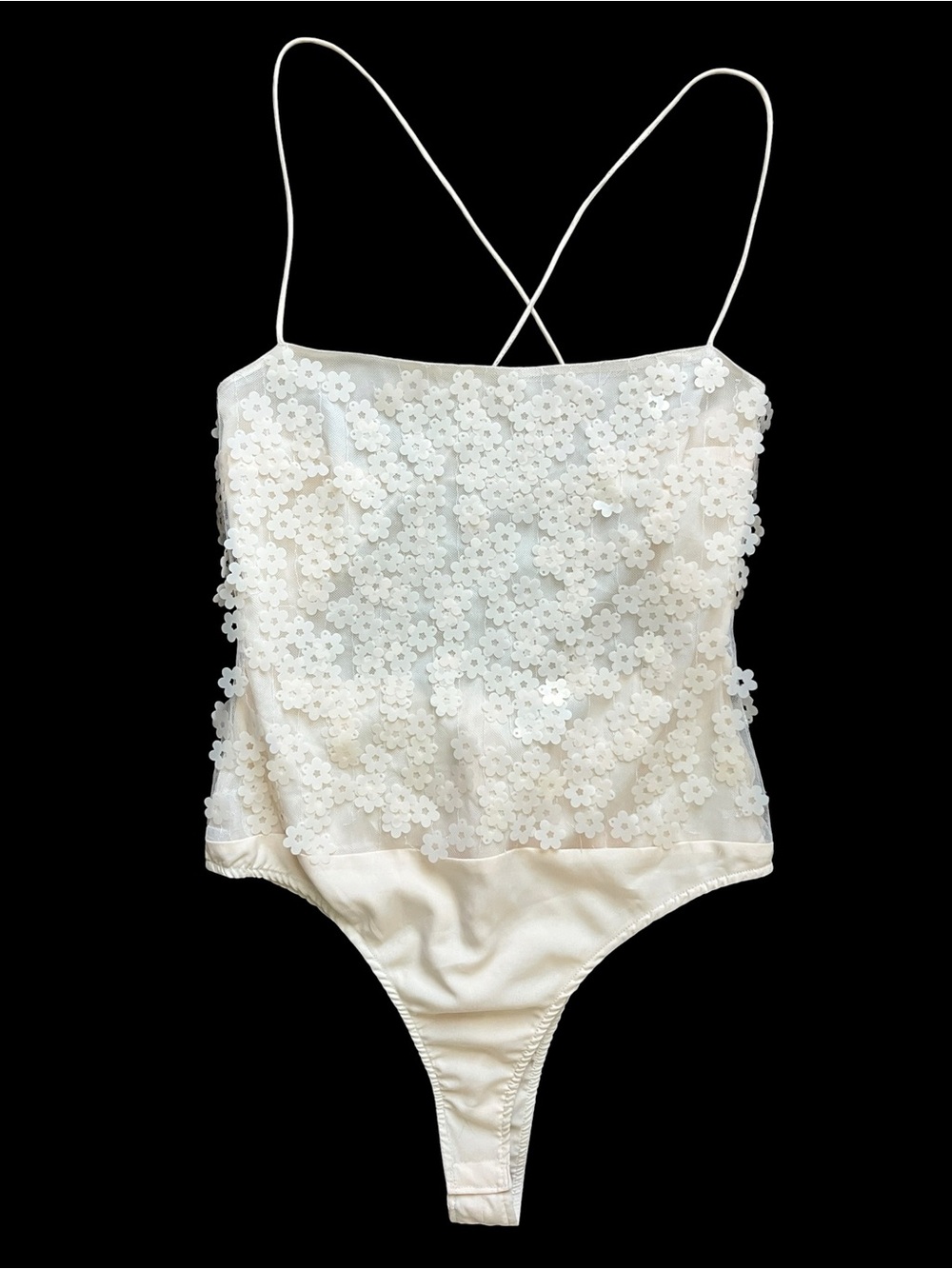 Zara mesh bodysuit featuring an all-over dimensional floral sequin appliqué